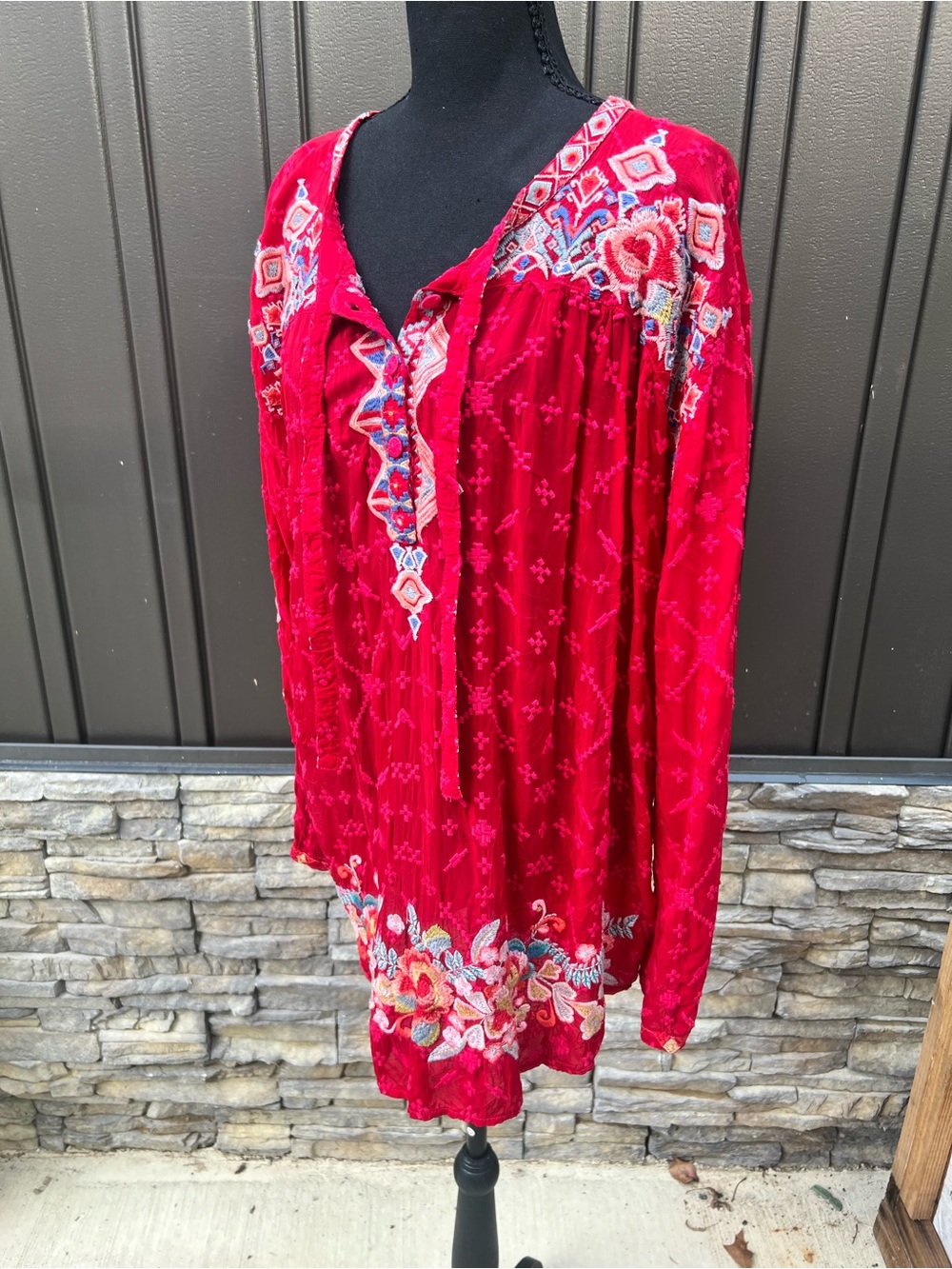 Johnny Was Crimson Red Embroidered Peasant Blouse / Top sz XL